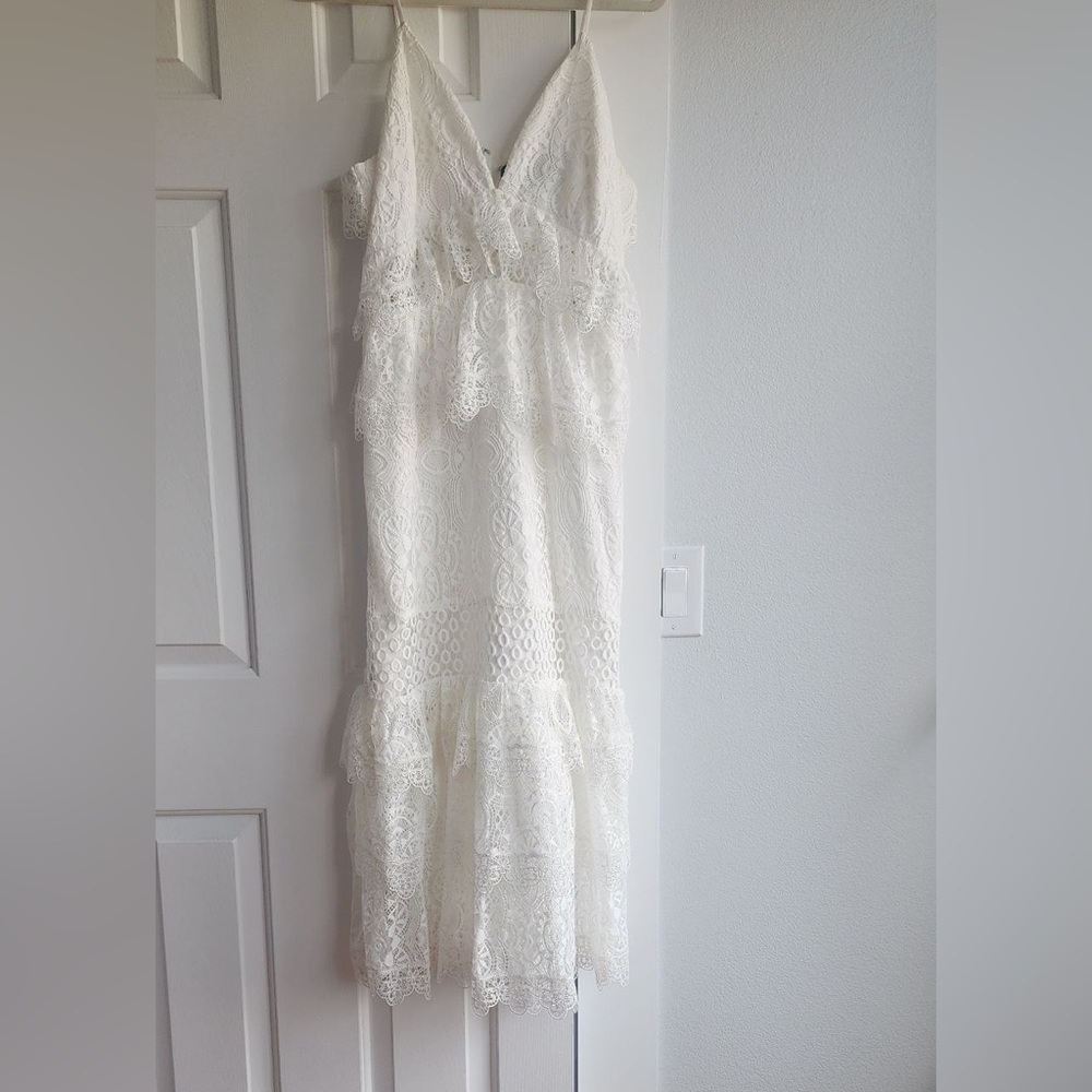 KENDALL & KYLIE Womens Tiered Lace Ruffled Festival Dress Ivory V Neck Size L - Picture 4 of 9